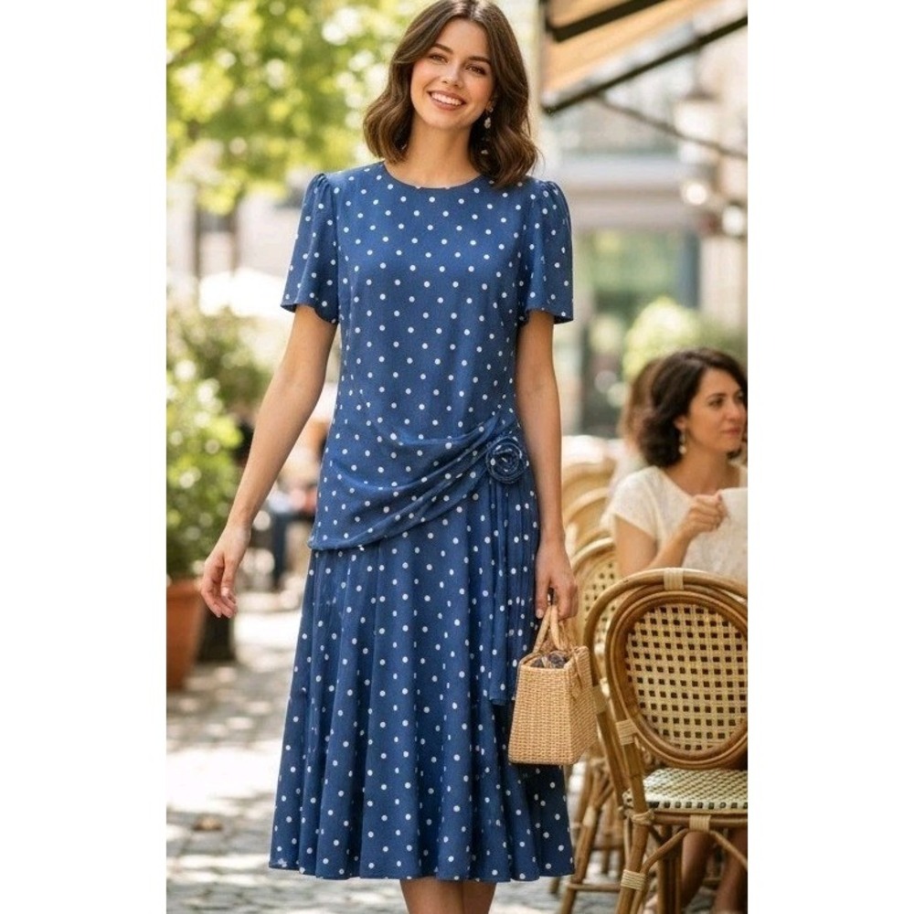 Glenfrey Fashions Dress Womens Size 16 Blue White Polka Dot Preppy‎ Holidays USA